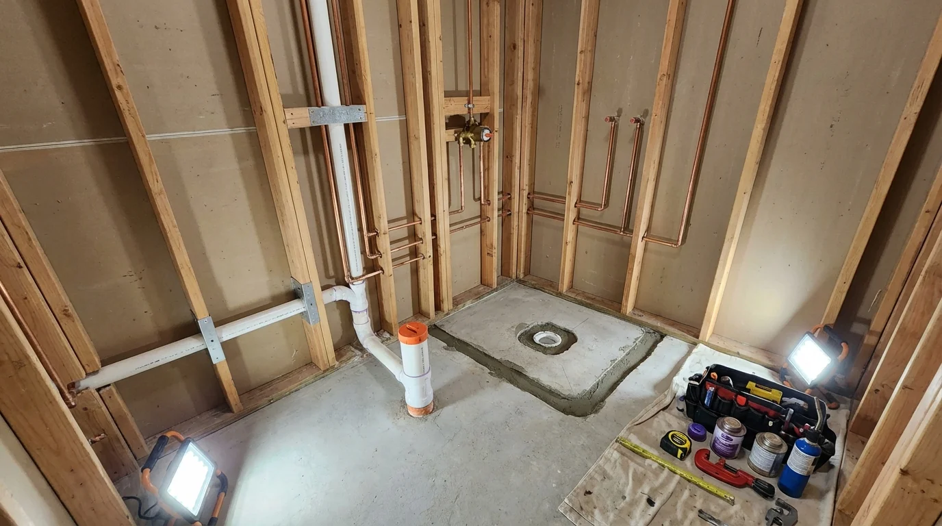 Bathroom rough-in plumbing during remodel by Johns Plumbing LLC in Machiasport