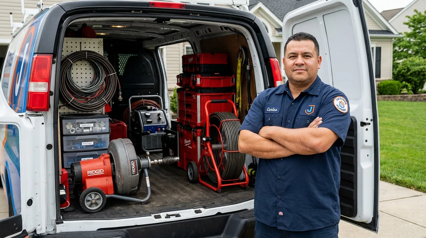 Professional drain cleaning equipment and Johns Plumbing LLC plumber in Machiasport
