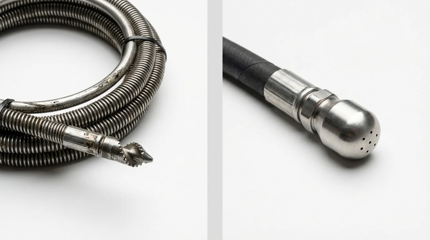Drain snake cable and hydro jetting nozzle used for drain cleaning in Machiasport, ME