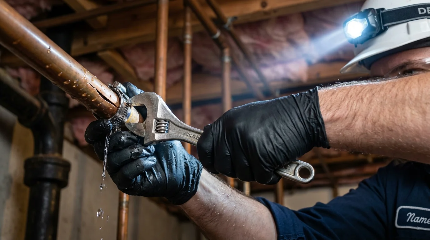 Emergency pipe clamp repair being performed by a Johns Plumbing LLC plumber in Machiasport