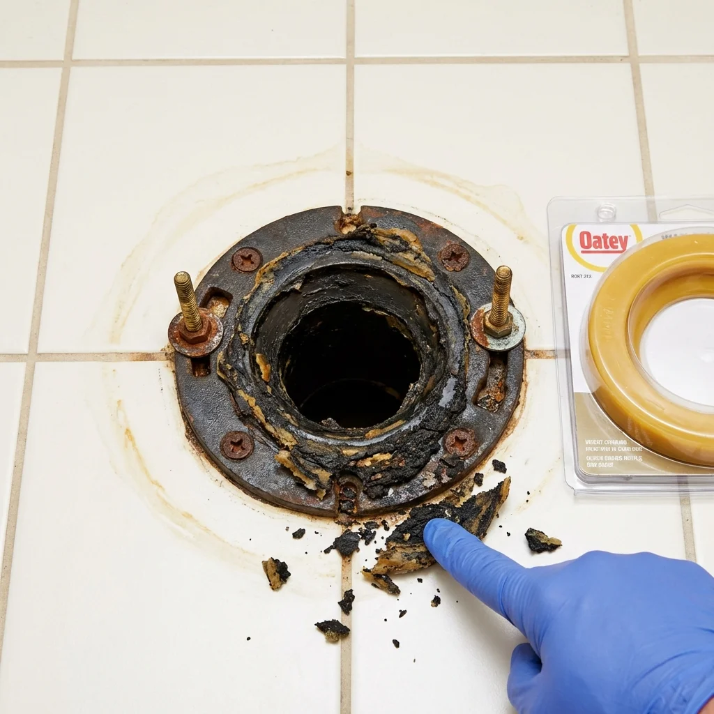 Failed wax ring showing water seepage at the base of a toilet in a Machiasport, ME home
