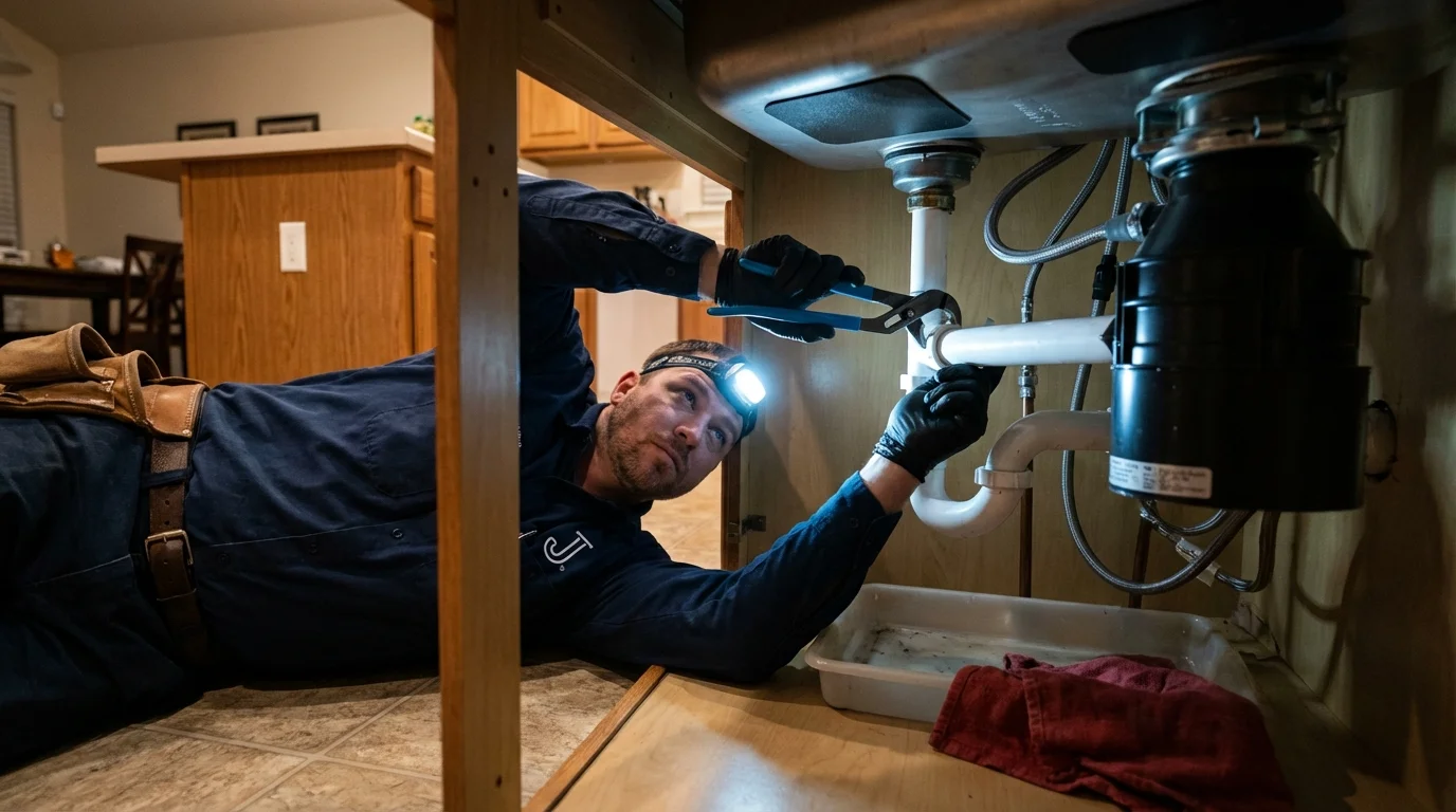P-trap and supply line connections under a kitchen sink showing a common leak point in Machiasport, ME